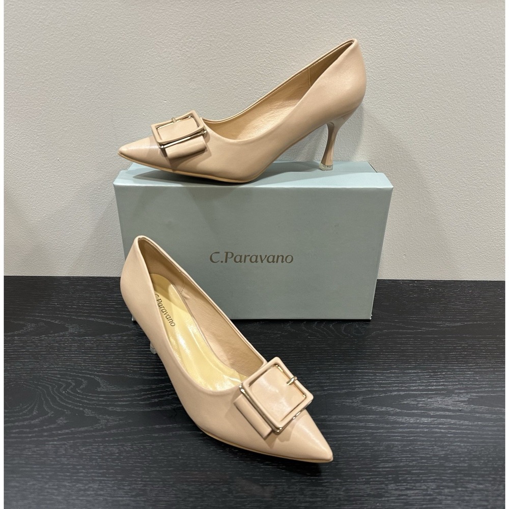 NEW C. Paravano Women's Sz 40 Pump Pointed Toe Kitten Heels Beige Gold Buckle